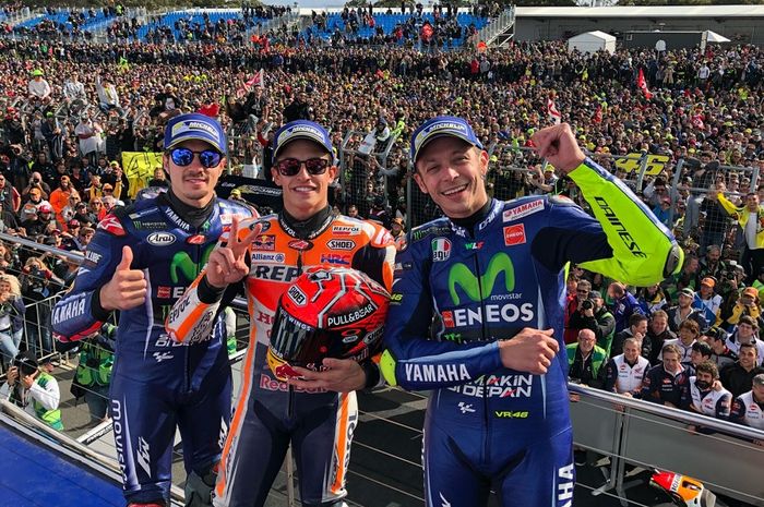 Maverick Vinales, Marc Marquez, dan Valentino Rossi di podium MotoGP Australia