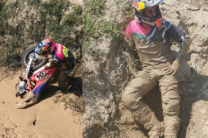 Andrea Dovizioso nyungsep saat latihan motocross