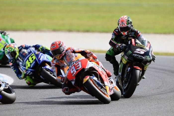 Johann Zarco, Marc Marquez, dan Valentino Rossi di MotoGP Australia 2017