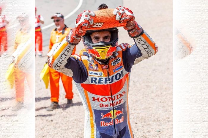 Marc Marquez lakukan selebrasi setelah menang di MotoGP Jerman 2018