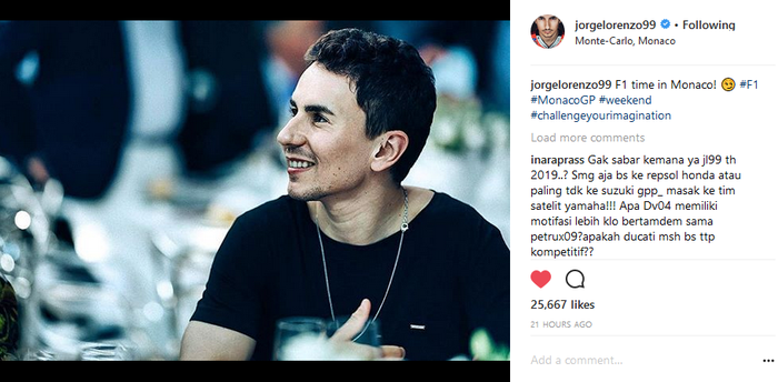 Pembalap Ducati Jorge Lorenzo memposting foto dirinya berada di Monte-Calo, Monako tempat berlangsungnya balap F1 Monako
