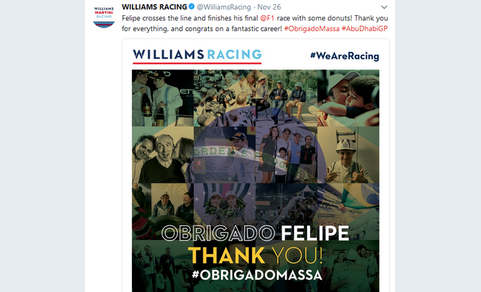 Akun Twitter tim Williams menyampaikan salam perpisahan dan ucapan terima kasih kepada pembalapnya Felipe Massa