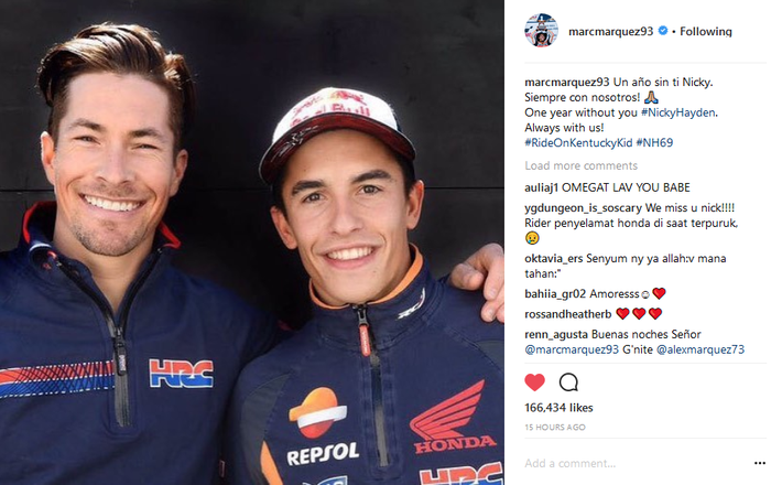 Marc Marquez satu dari beberapa pembalap MotoGP yang memperingati satu tahun meninggalnya Nikcy Hayden dengan unggahan statusnya pada akun media sosial