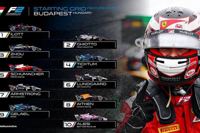 Posisi start 10 besar untuk race 1 F2 Hongaria, Sean Gelael di urutan 9 di depan Giuliano Alesi