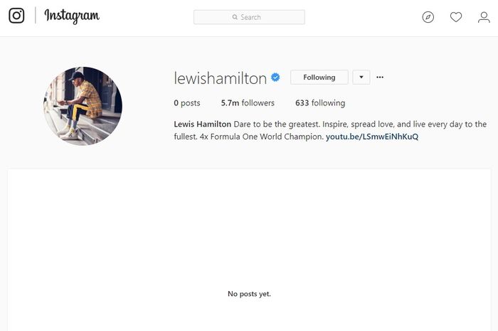 Akun Instagram Lewis Hamilton kosong