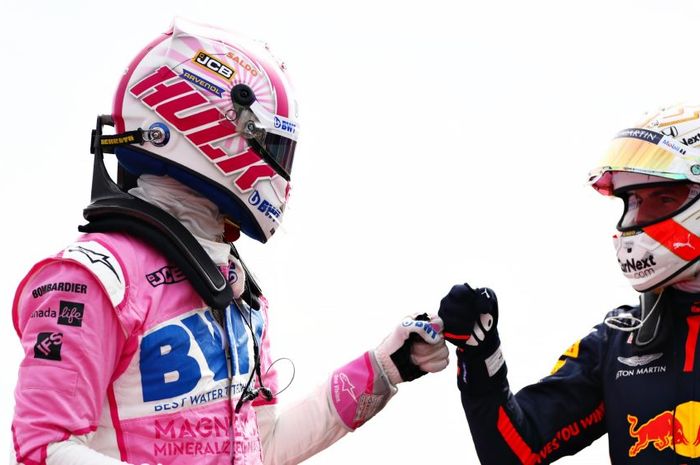 Nico Hulkenberg (kiri) dan Max Verstappen setelah kualfikasi F1 Silverstone kedua