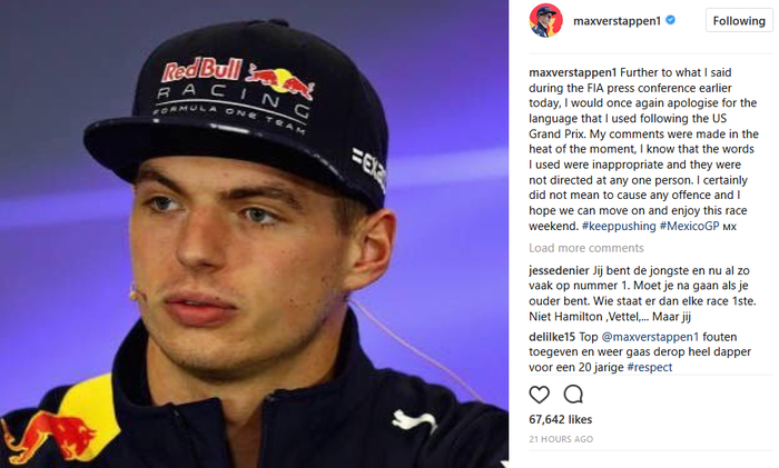 Ini pernyataan permintaan Max Verstappen di akun Instagramnya