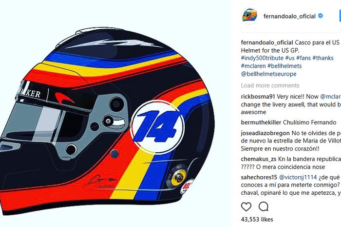 Lewat akun Instagramnya, Fernando Alonso kasih tahu livery helm untuk dipakai di F1 Amerika 2017