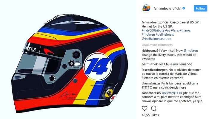 Lewat akun Instagramnya, Fernando Alonso mengabarkan helm untuk dipakai di Austin, ada nomor #14
