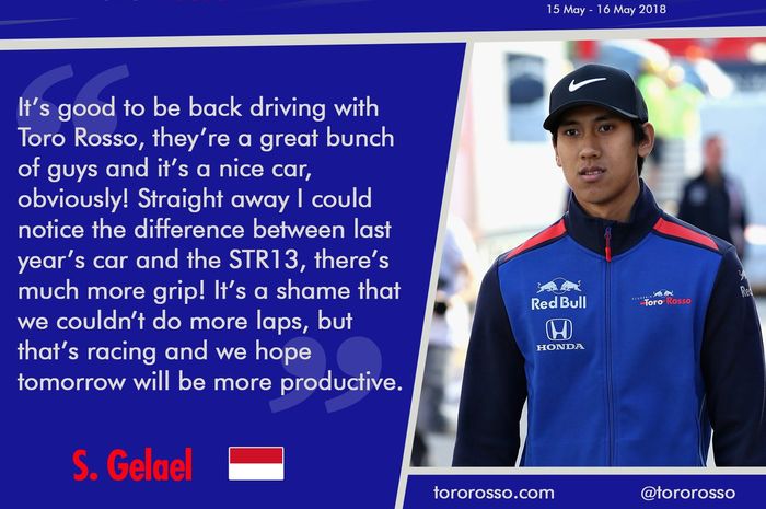 Sean Gelael kembali berada di kokpit mobil F1 tim Toro Rosso saat mengikuti tes di sirkuit Barcelona, Spanyol