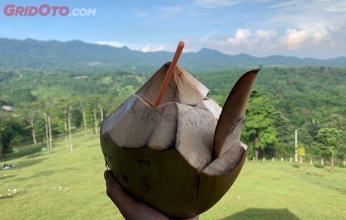 Menikmati kelapa muda dengan pemandangan hijaunya hamparan Bukit Waruwangi.