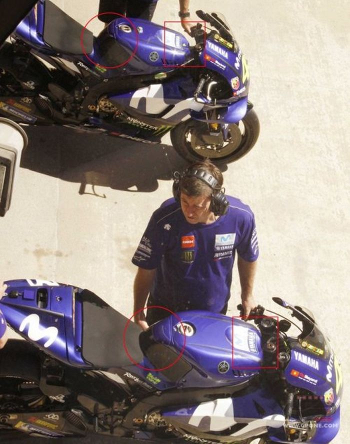 Tangki lama motor YZR-M1 milik Valentino Rossi (atas) dan yang baru (bawah) 