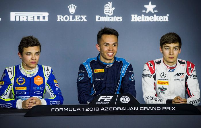 Dari kiri ke kanan: Lando Norris, Alexander Albon dan George Russell. Ketiga pembalap F2 ini kembali bertemu di F1 2019
