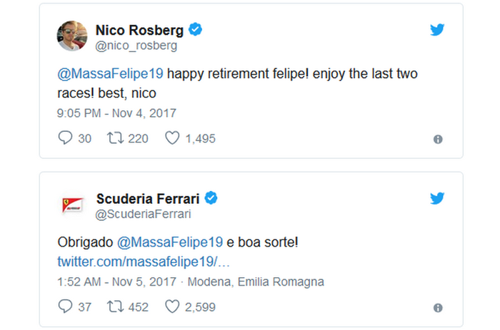 Juara dunia F1 2016 Nico Rosberg mengucapkan kepada Felipe Massa untuk menikmati dua balapan terakhir sebelum pensiun dan tim Ferrari yang mengucapkan terima kasih (obrigado)