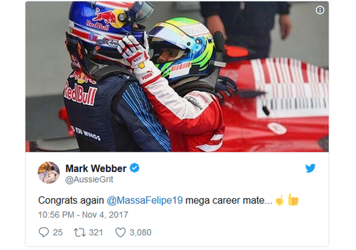 Mantan pembalap F1 Mark Webber kembali memberi ucapan kepada Felipe Massa yang pernah bersaing bersama