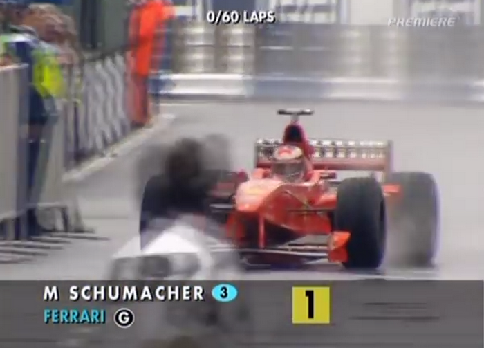 Bebrapa detik kemudian, balapan dinyatakan selesai, Michael Schumacher menuju garasi pit tim Ferrari untuk menjalani penalti
