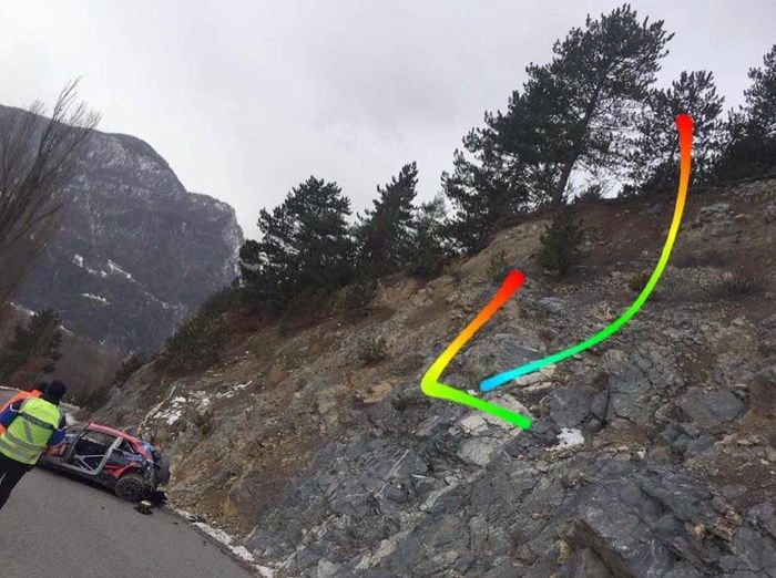 Lokasi tempat Ott Tanak kecelakaan di reli Monte Carlo, dari atas mobilnya terjun jalan di bawahnya