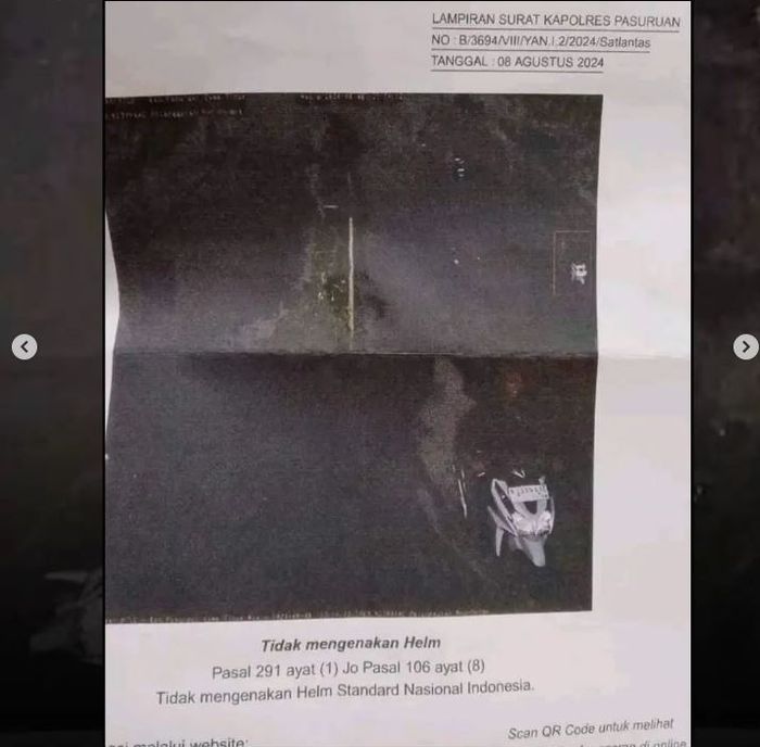 Foto surat tilang elektronik yang menunjukan pengendara Honda Vario 125 memboncengkan pocong