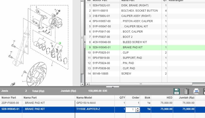 Harga kampas rem depan sama-sama Rp 75 ribu