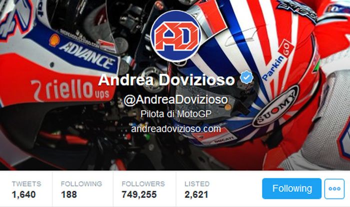 Runner-up MotoGP 2017 Twitter @andreadovizioso meraup hampir 750 ribu follower