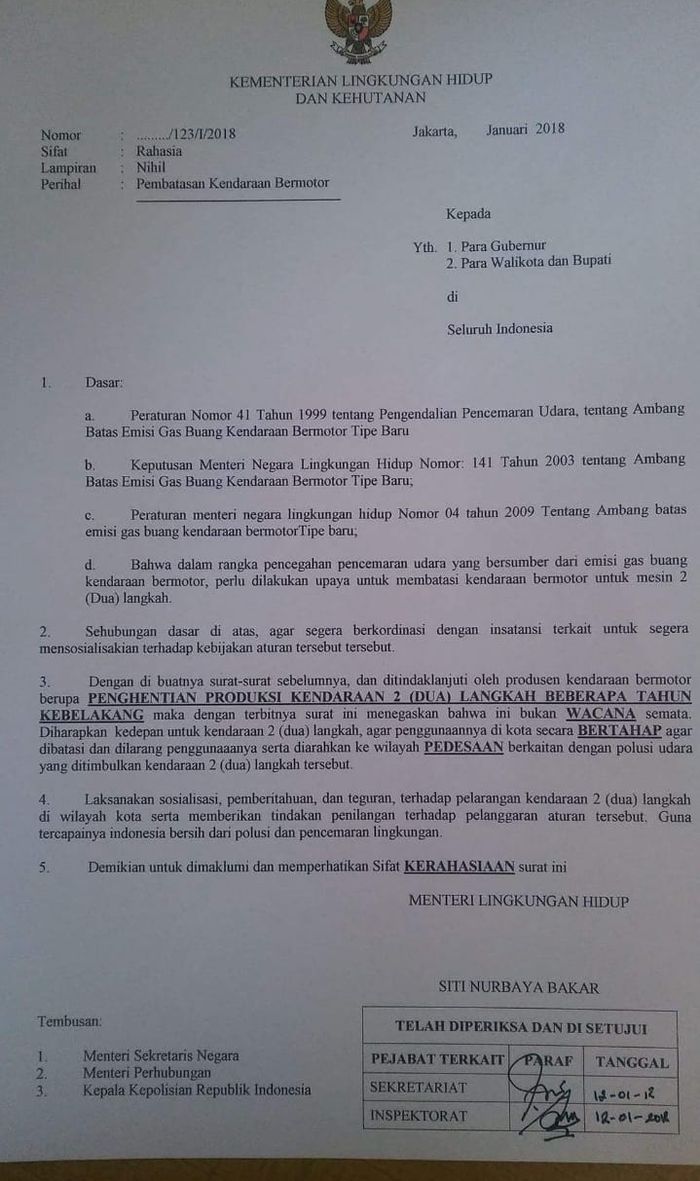 Beredar surat Kementerian Lingkungan Hidup dan Kehutanan berisi pelarangan motor bermesin 2-tak di perkotaan