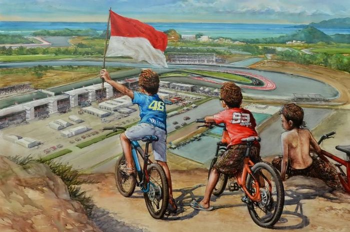 Sebuah lukisan yang menggambarkan persahabatan Valentino Rossi dan Marc Marquez di Mandalika