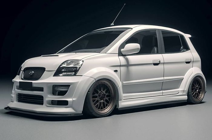 Tampilan depan digimod KIA Picanto gaya street racing dengan wide body gambot