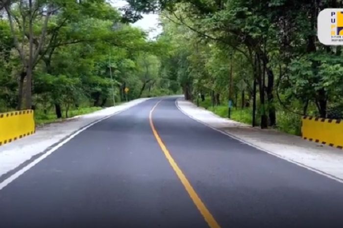 Marka kuning membujur atau horizontal di tengah jalan, sebagai identitas jalan nasional.