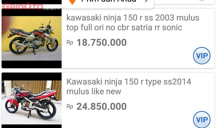 Beberapa harga Kawasaki Ninja 150 R yang ditemukan GridOto.com di situs jual beli