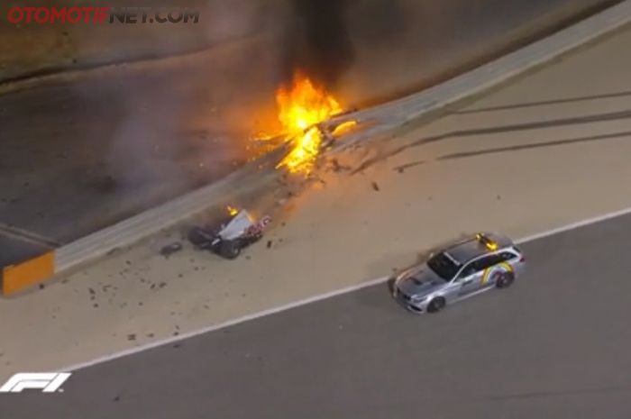 Kondisi mobil Romain Grosjean yang terbakar di F1 Bahrain 2020