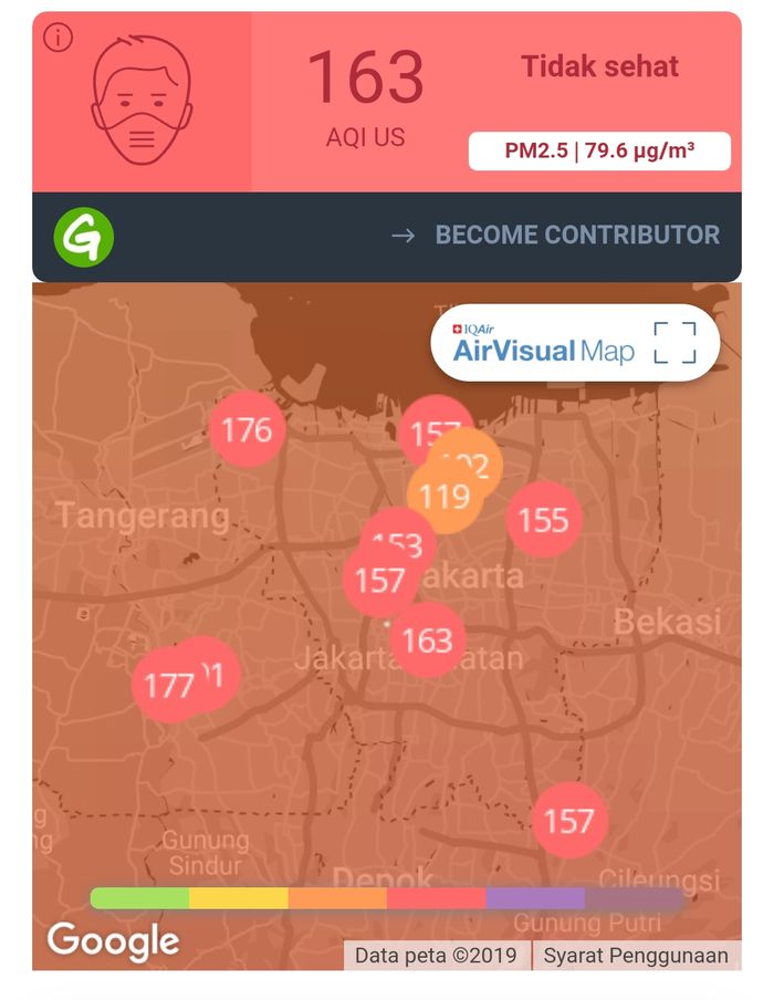Tingkat polusi di Jabodetabek di airvisual.com siang ini, Sabtu (17/8/2019).