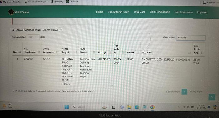 Cek nomor polisi bus di SPIONAM Kemenhub
