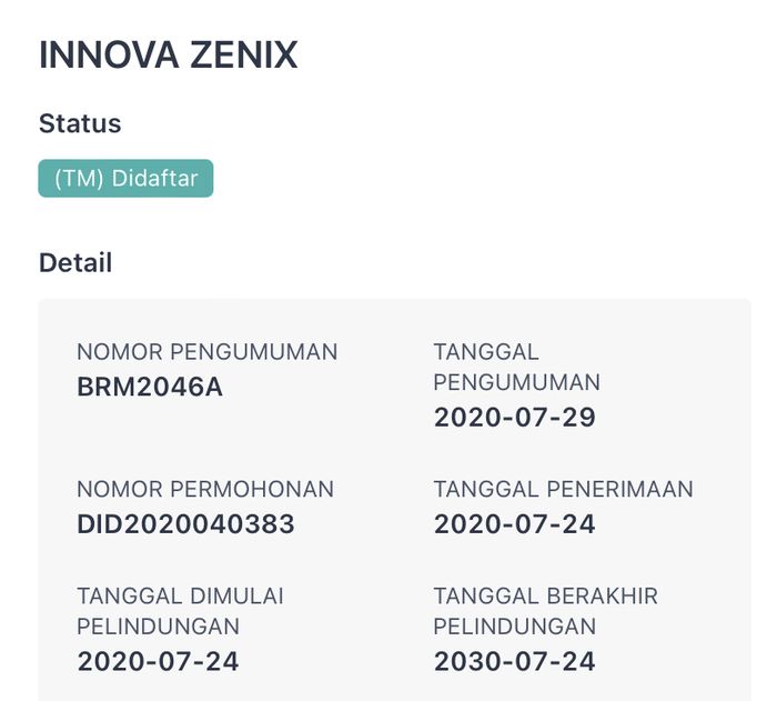 Nama Innova Zenix terdaftar di Pangkalan Data Kekayaan Intelektual Indonesia (PDKI).