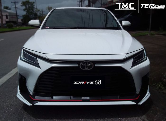 Tampilan depan modifikasi Toyota Vios baru dipasok body kit sporty Drive86