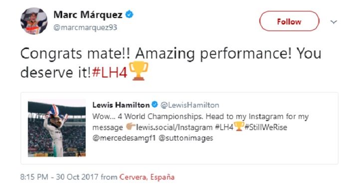 Ucapan Selamat Dari Marc Marquez Untuk Lewis Hamilton