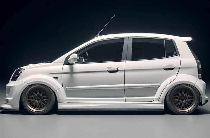 Tampilan samping digimod KIA Picanto gaya street racing dengan wide body gambot