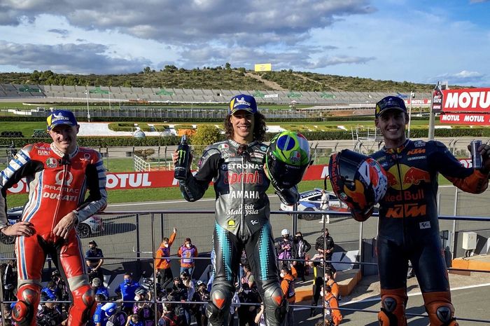 Para pemenang MotoGP Valencia 2020. Di urutan pertama Franco Morbidelli, posisi kedua Jack Miller, dan ketiga Pol Espargaro.