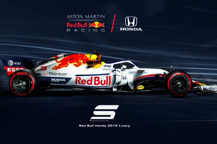 Livery mobil F1 tim Red Bull 2019 hasil rekayasa desain grafis, didominasi warna putih