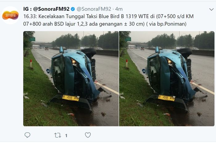 Taksi Blue Bird Terguling Di Ruas Jalan Tol Jakarta-Serpong Diduga Akibat Gejala Aquaplaning