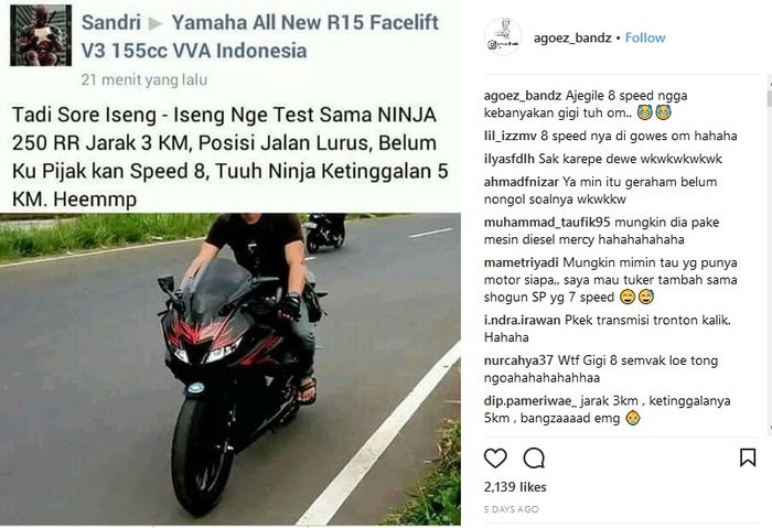 Postingan pengendara Yamaha R15 kalahkan Kawasaki Ninja 250RR