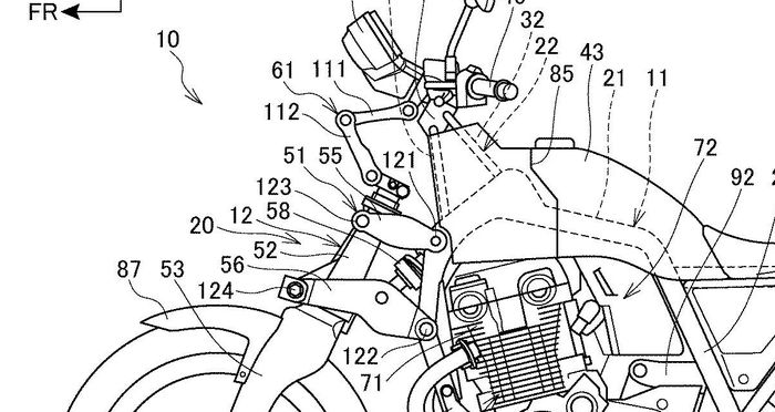 Struktur suspensi double wishbone pada gambar paten motor Honda