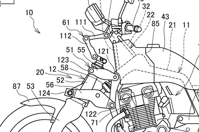 Struktur suspensi double wishbone pada gambar paten motor Honda