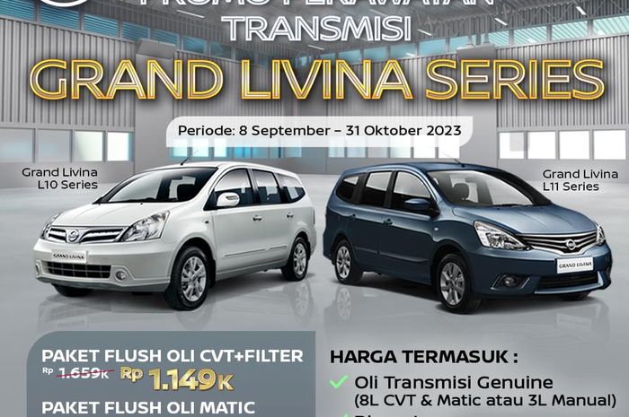 Promo flush oli transmisi Nissan Grand Livina L10 dan L11 Series cuma sejutaan. Berlaku cuma sampai akhir bulan September 2023