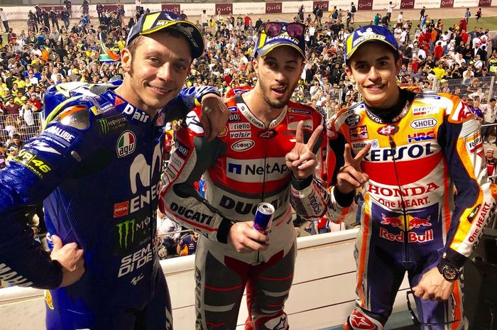 Podium MotoGP Qatar 2018, Andrea Dovizioso, Marc Marquez dan Valentino Rossi