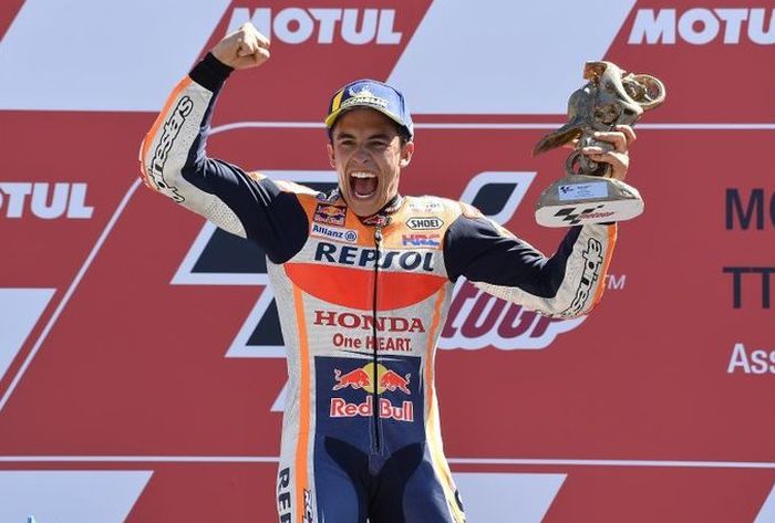 Marc Marquez saat merayakan kemenangan MotoGP Belanda tahun 2018