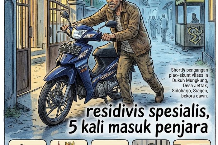 Ilustrasi pencurian Suzuki Shogun 125 oleh residivis inisial TW alias Klowor (44) di Sidoharjo, kabupaten Sragen, Jawa Tengah yang sudah lima kali masuk penjara