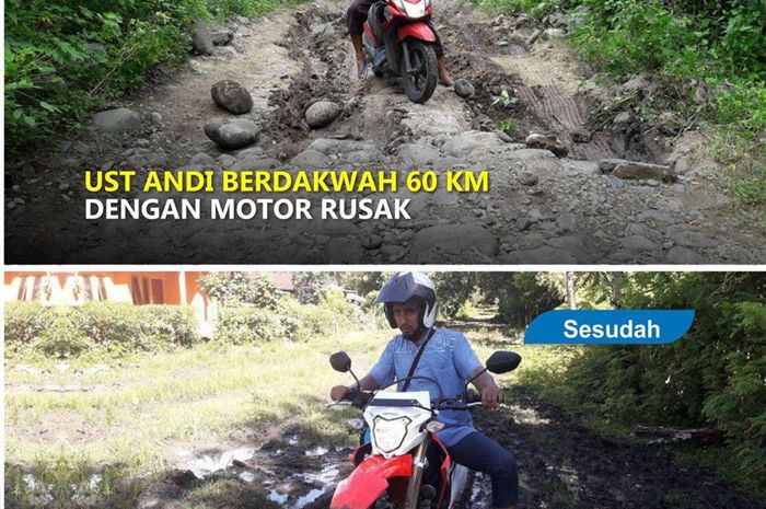 Ustadz Andi mendapat motor trail CRF150 menggantikan motor matik untuk kegiatan dakwah di pedalaman