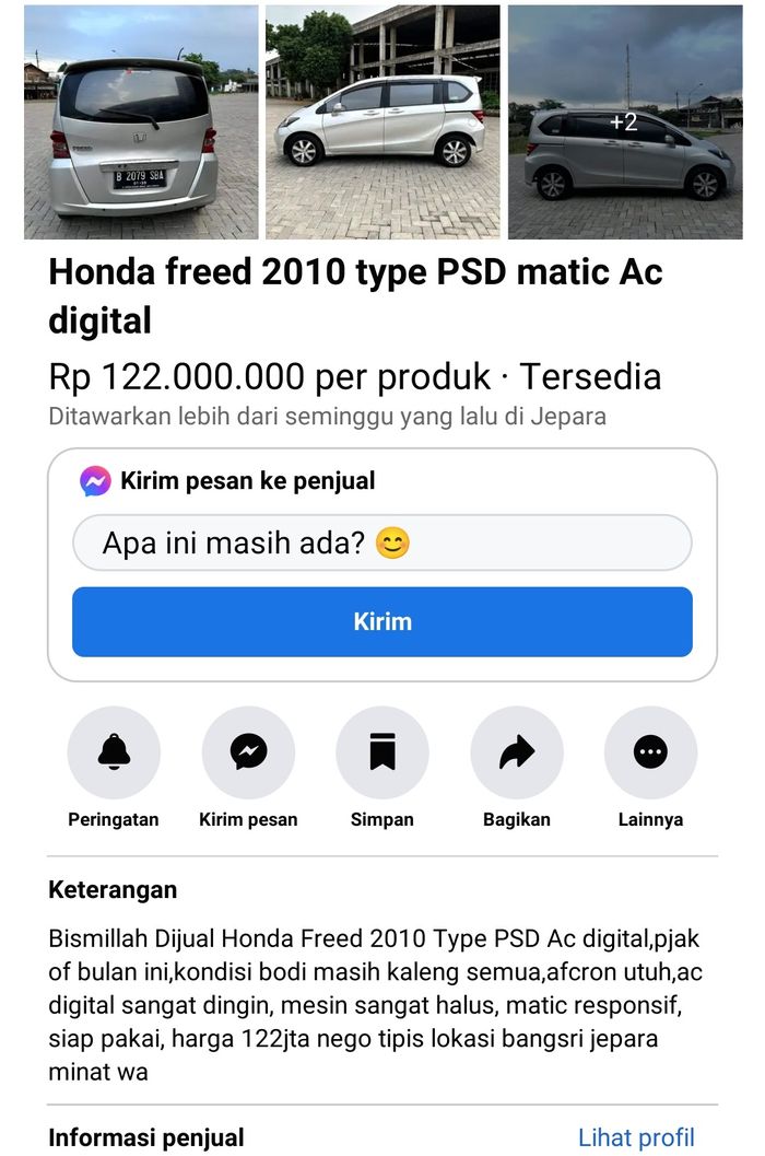 Contoh deskripsi produk jual Honda Freed di marketplace Facebook
