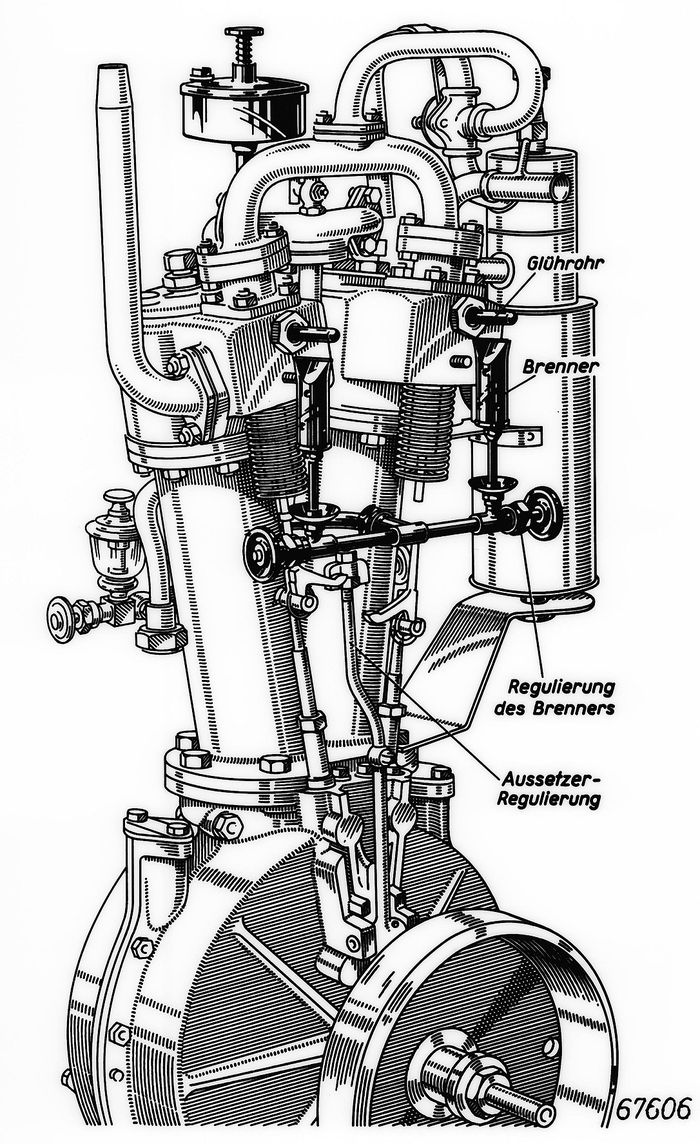 Zeichnung des von Wilhelm Maybach entwickelten Zweizylinder-V-Motors. Das Aggregat hat seine Premiere im Stahlradwagen von 1889. (Fotosignatur der Mercedes-Benz Classic Archive: 67606)   Drawing of the two-cylinder V-engine developed by Wilhelm Maybach. The major assembly celebrated its debut in the 1889 &ldquo;steel-wheel car&rdquo;. (Photo signature in the Mercedes-Benz Classic archive: 67606) 