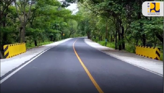 Ilustrasi Marka kuning membujur atau horizontal di tengah jalan, sebagai identitas jalan nasional.